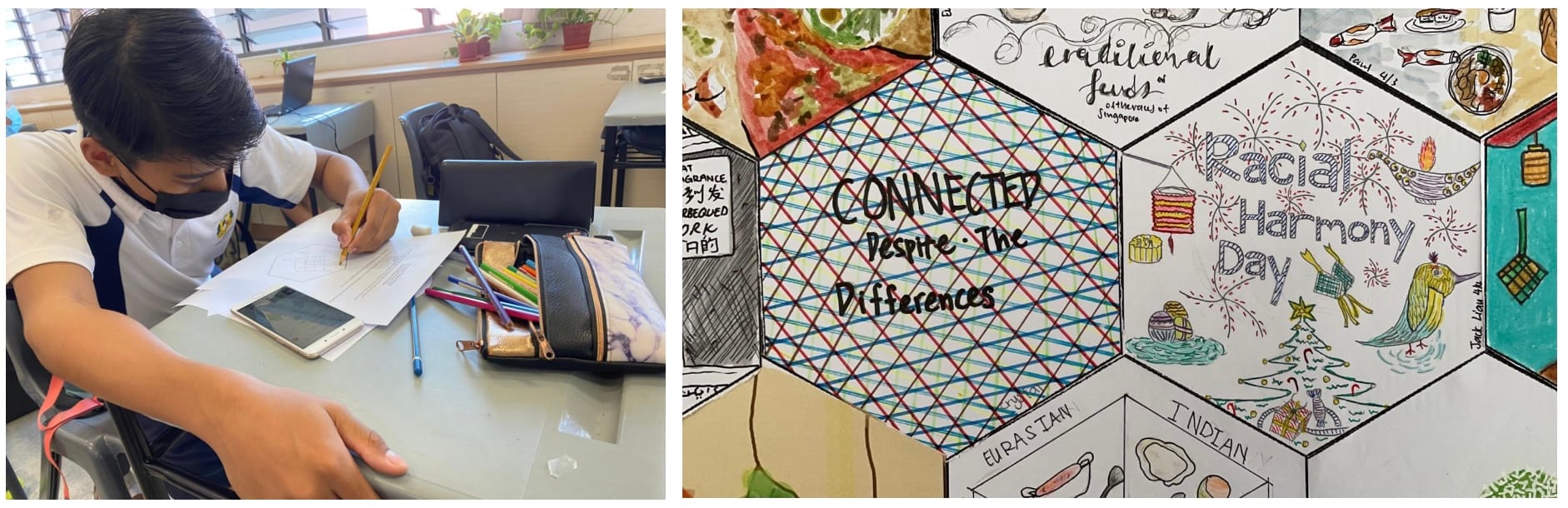Student drawing at a desk beside a colorful hexagonal artwork reading "Connected Despite the Differences" and "Racial Harmony Day."